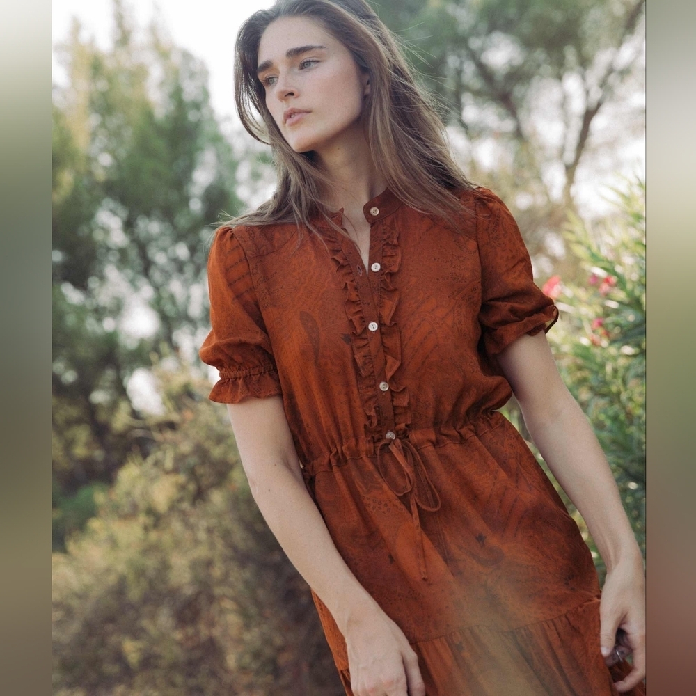 EUC Christy Dawn Rustic Burnt Orange Tiered Button-Front Maxi Dress